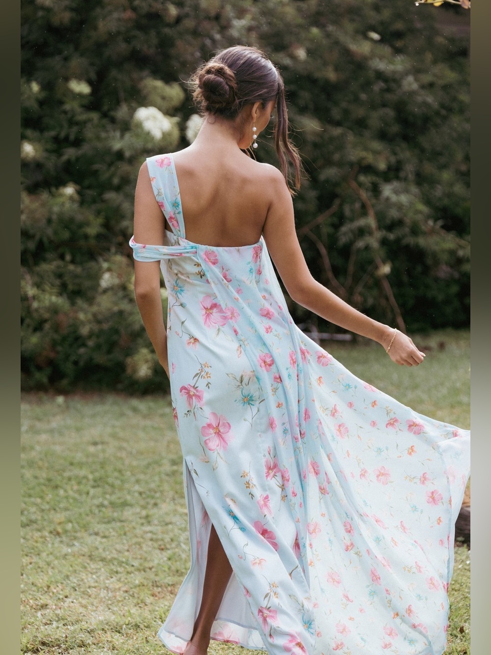 Petal & Pup Light Blue One-Shoulder Floral Maxi Dress with Pink Bloom
